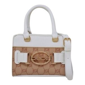 Bebe Leilani Monogram Almond/White Handle Crossbody Rectangular Faux Leather Bag